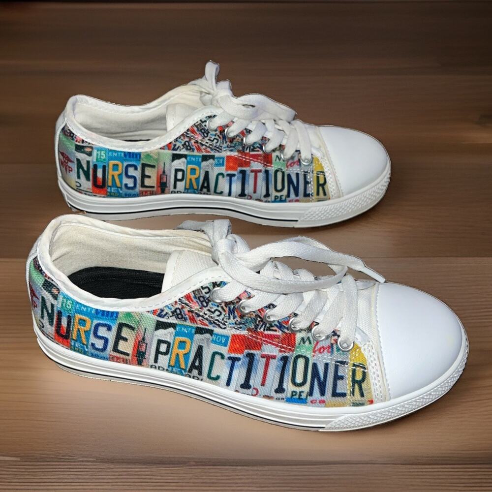 Nurse Practitioner License Plate Graffiti Print Low-Top Sneakers Save Lives Sz 6